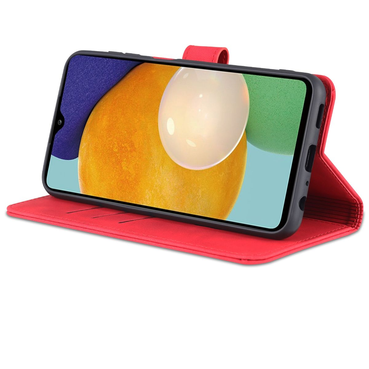 Rote Handyhülle mit Telefon, Bildschirm sichtbar.