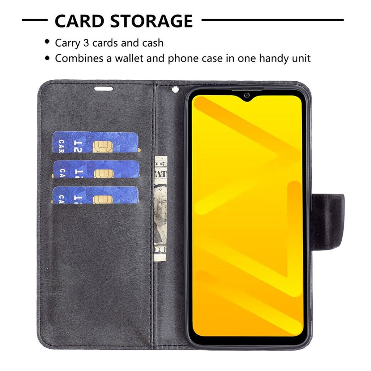 Offene schwarze Handyhülle mit Karten und Bargeld. Telefon mit gelbem Display. Text: Kartenaufbewahrung.
