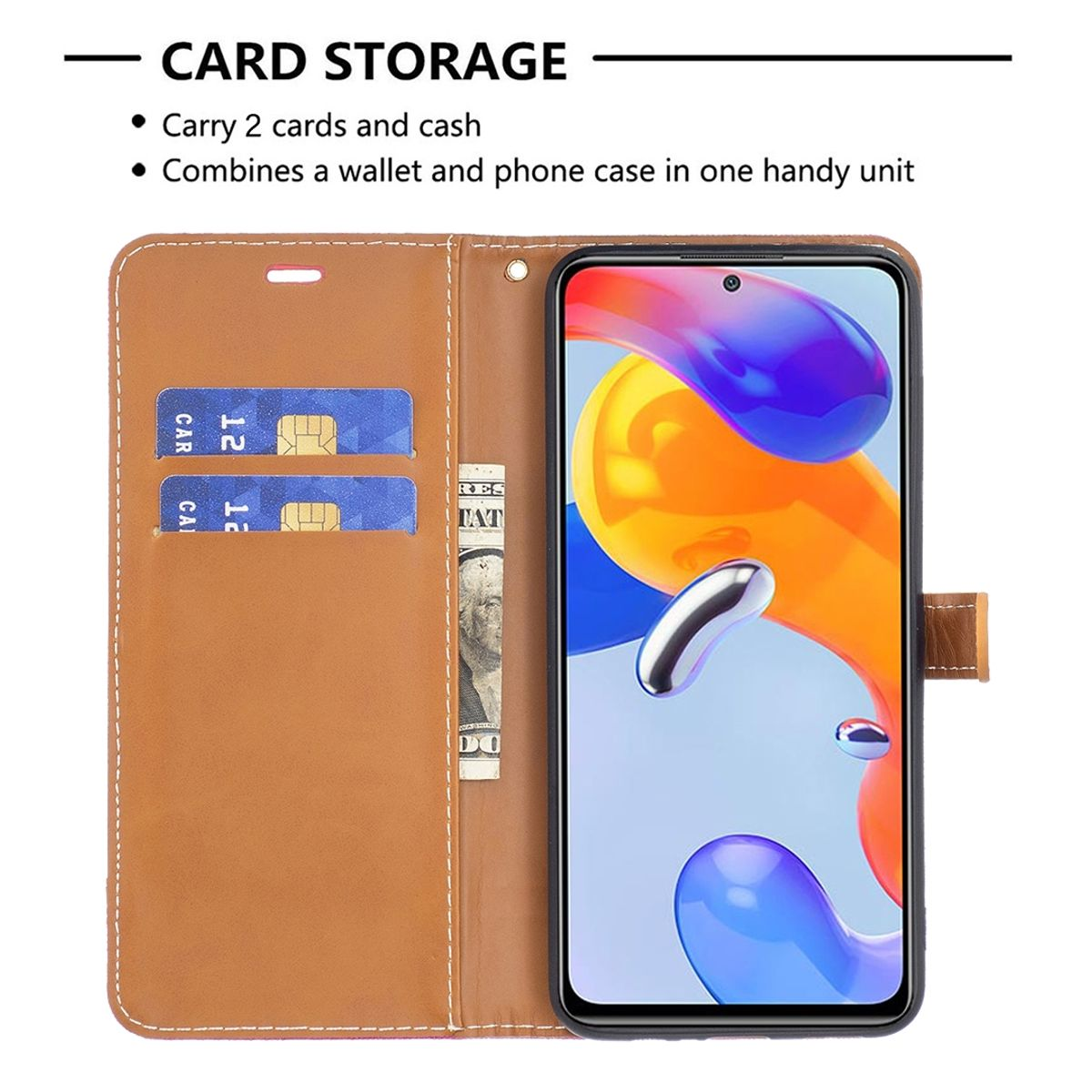 Eine braune Handyhülle mit Telefon. Karten und Bargeld sind ebenfalls sichtbar.