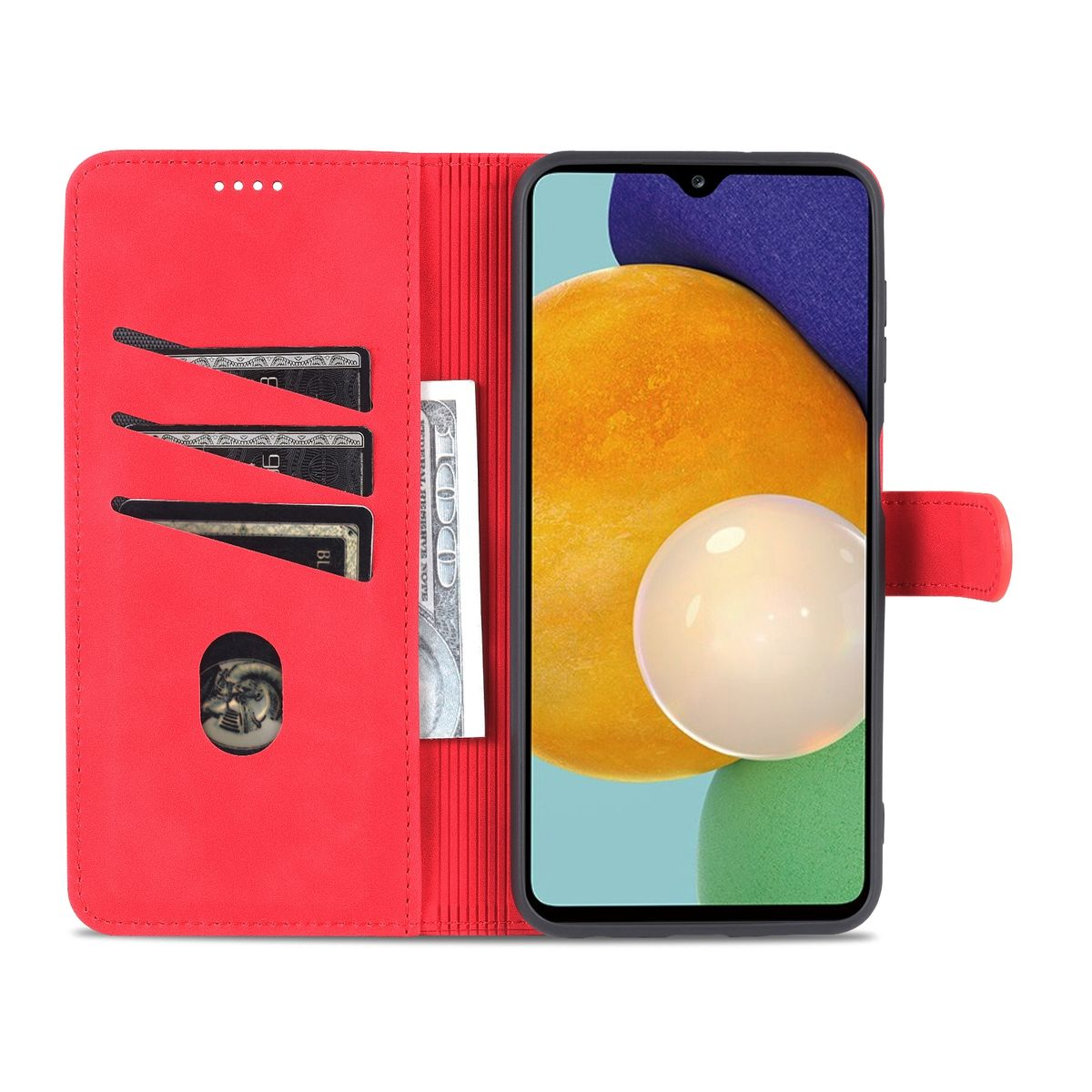 Rote Brieftaschen-Handyhülle. Enthält Karten, Bargeld und ein Telefon. Geöffnet. Das Telefon hat eine runde Form.