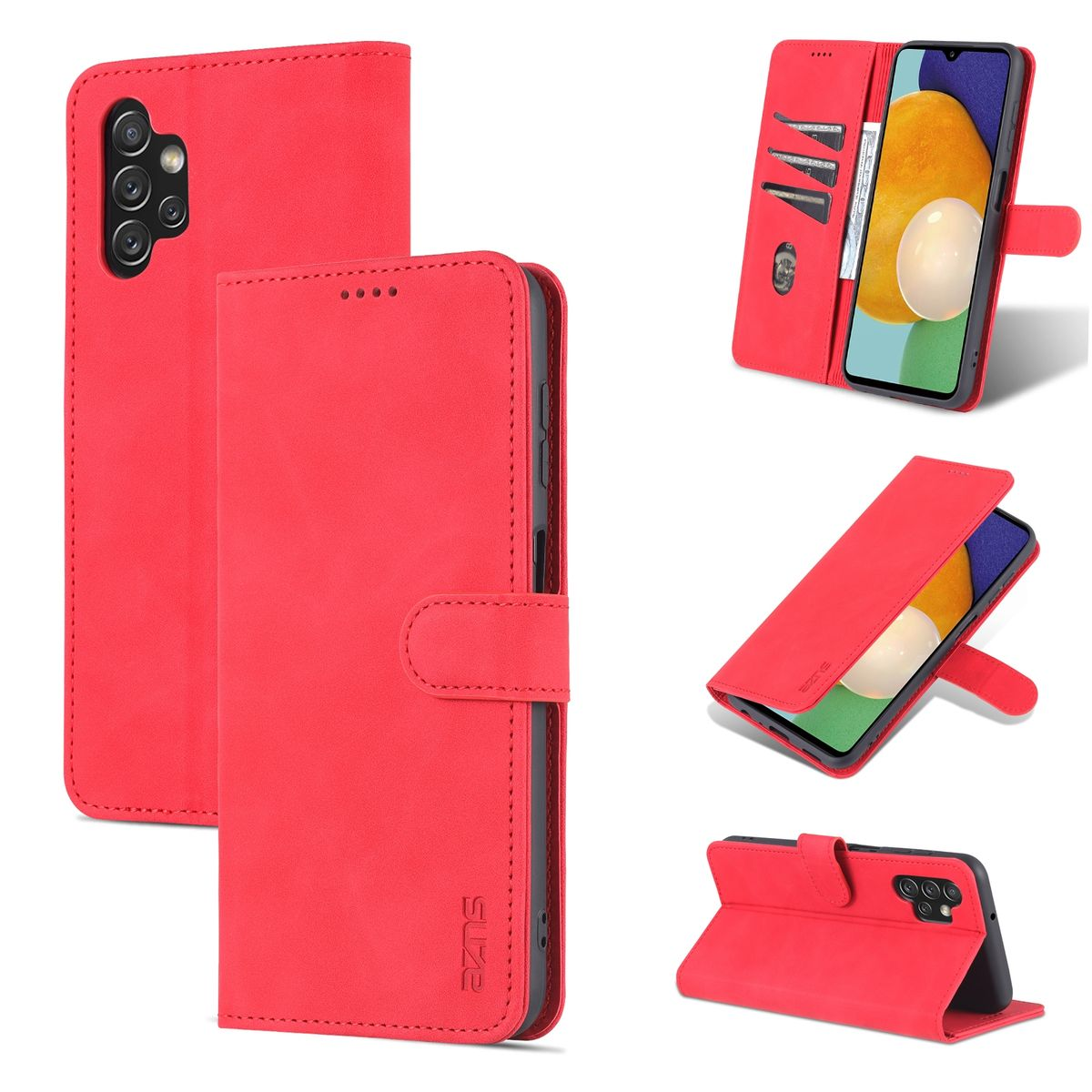 Rotes Handyhüllen-Set. Mehrere Ansichten der Handyhülle mit offenen und geschlossenen Funktionen.