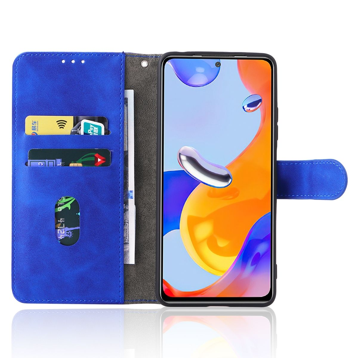 Blaue Handyhülle mit Telefon darin. Karten und Bargeld sind sichtbar.