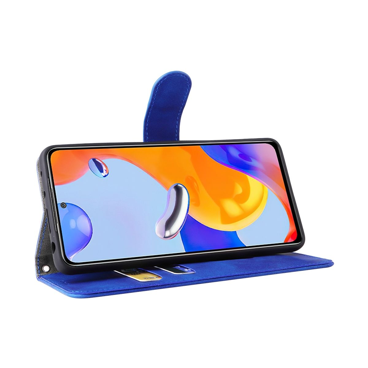 Blaue Handyhülle mit Telefon, das ein orangefarbenes und blaues abstraktes Bild zeigt. Zwei Karten sind sichtbar.