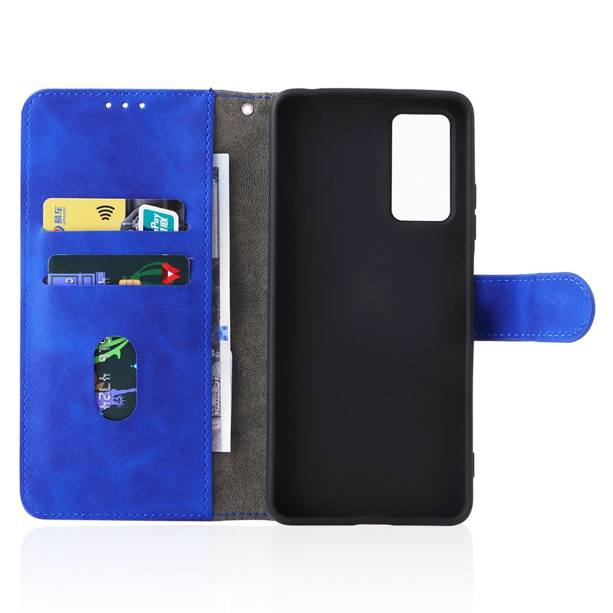 Blaue Handyhülle mit Karten, Bargeld und Telefon. Blauer Riemen und Wallet-Design.