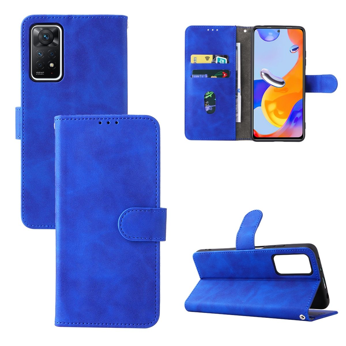 Eine blaue Handyhülle, offen und geschlossen, zeigt ein Telefon und Kartenfächer. Ein Knopf hält die Hülle geschlossen.