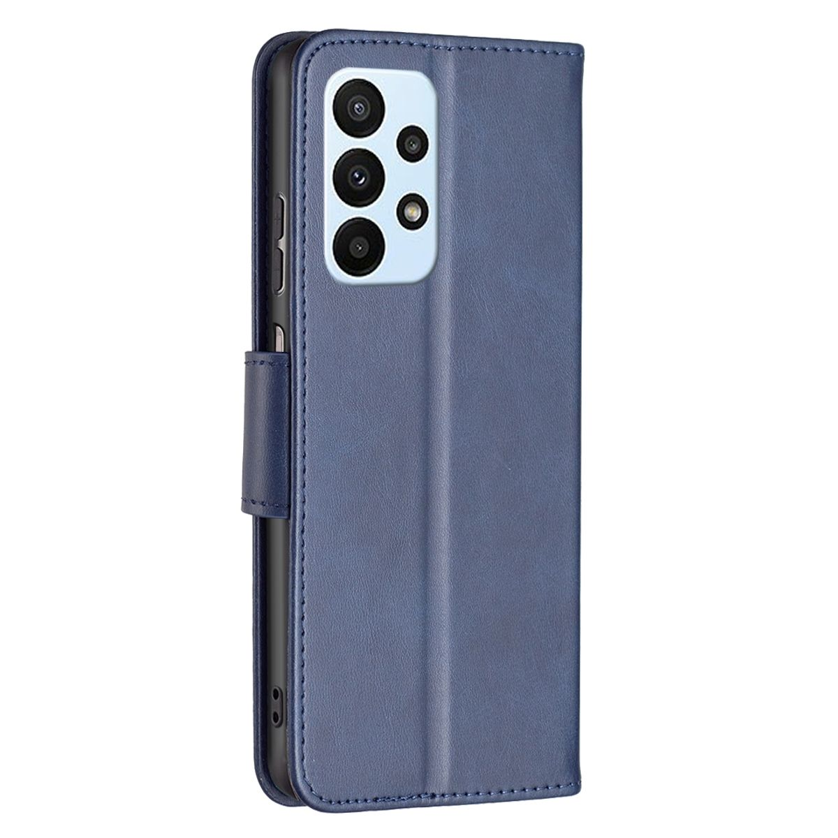 Blaue Handyhülle mit Kamera auf der Rückseite. Die Hülle ist geschlossen und aus glattem Material.