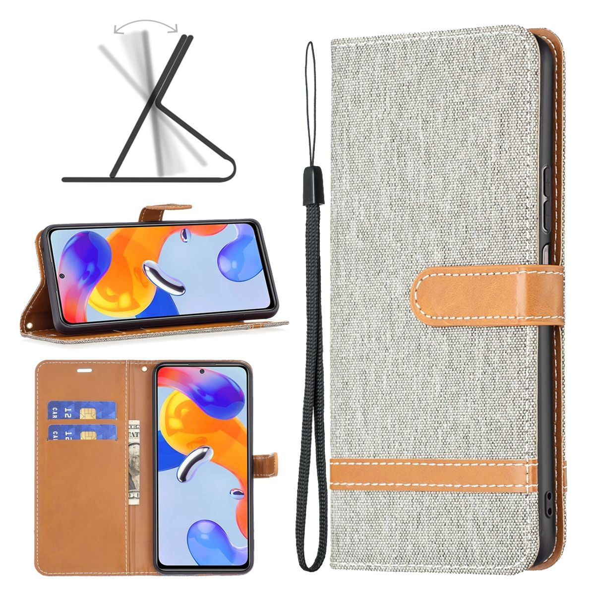 Handyhülle mit Telefon, Karten und Ständer.