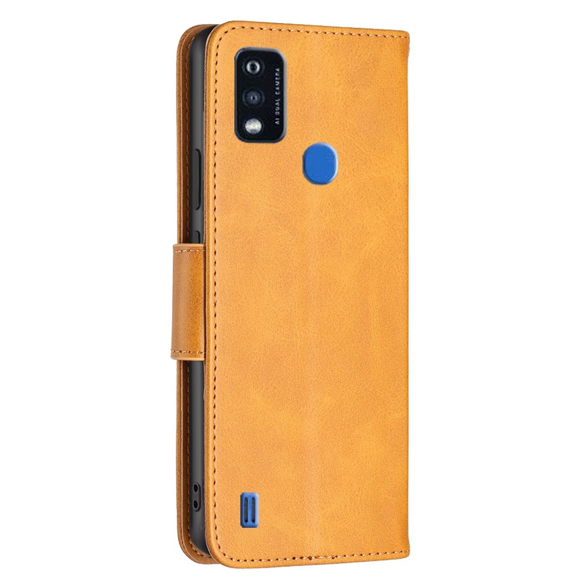 Braune Leder-Handyhülle. Sie hat eine Dual-Kamera und einen blauen Knopf.