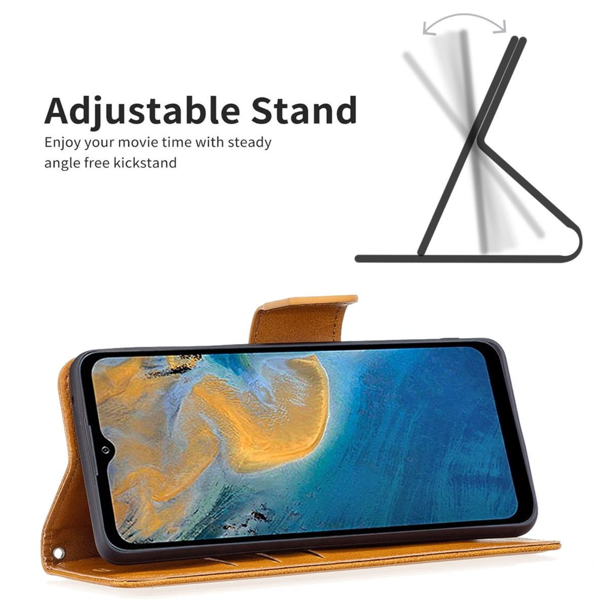 Handyhülle mit Telefon im Ständer. Gelb, blauer Bildschirm.