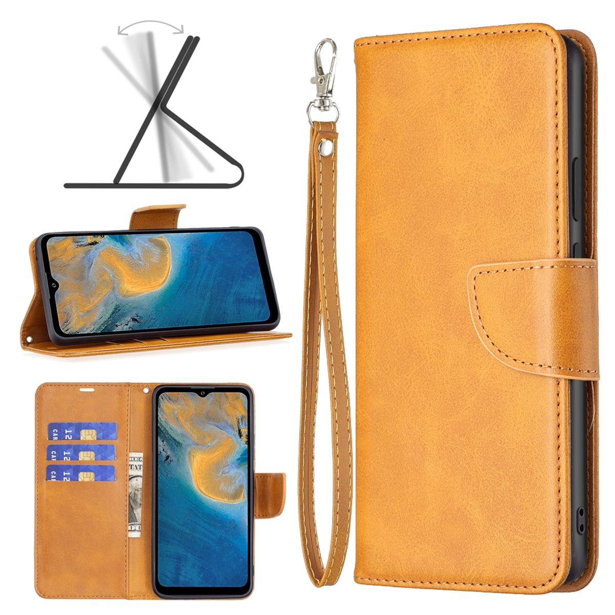 Eine offene braune Handyhülle mit Telefon, Karten und Bargeld sichtbar. Es gibt eine Handschlaufe.