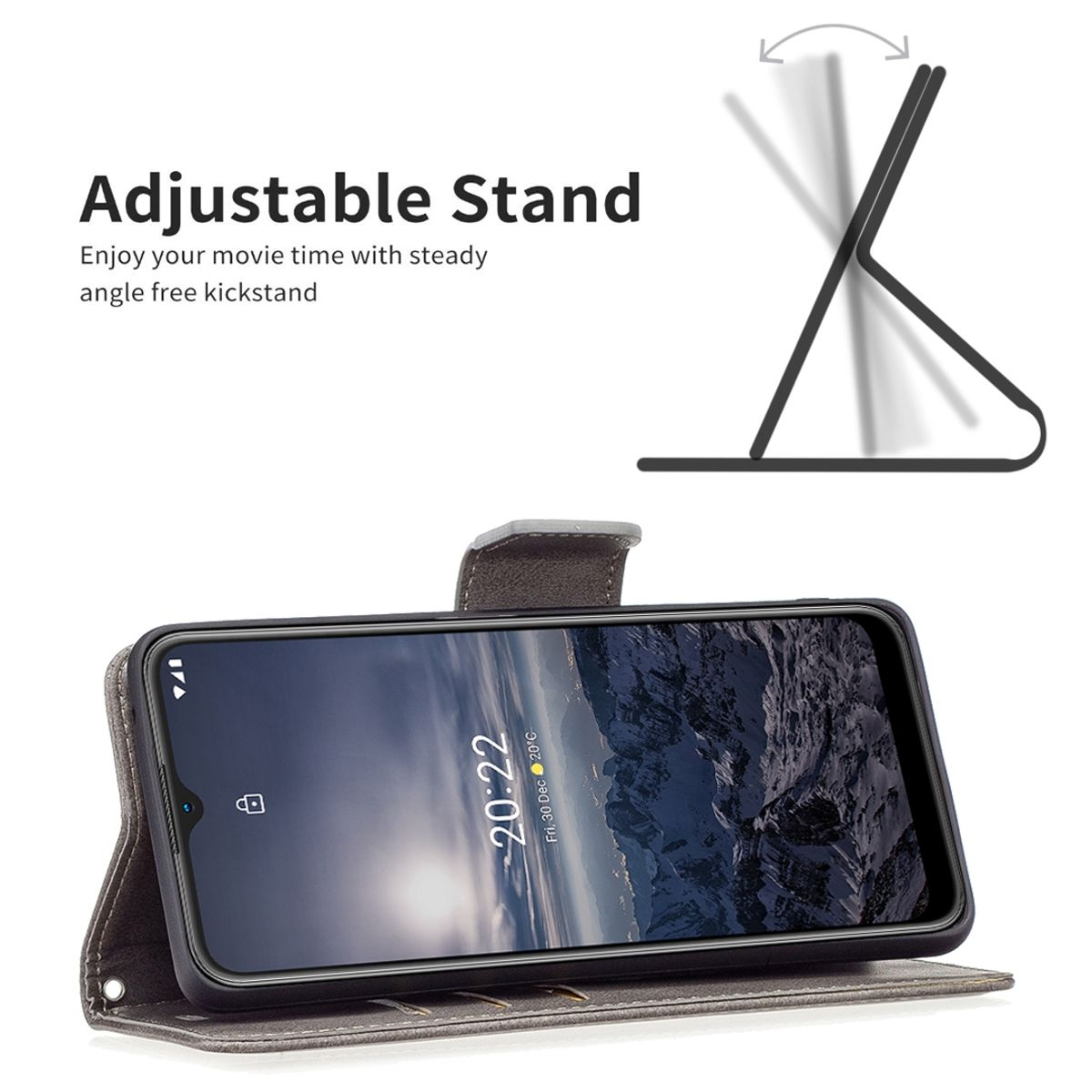 Ein Telefon in einem grauen Gehäuse mit verstellbarem Ständer. Der Bildschirm zeigt die Uhrzeit.