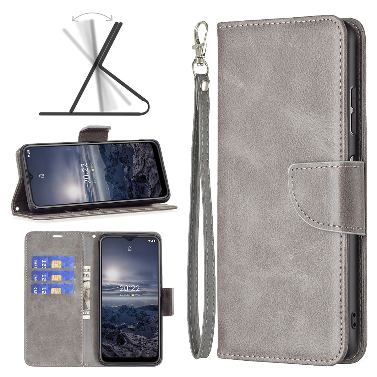 Eine graue Handyhülle mit einem Telefon im Inneren. Es hat Kartenfächer und einen Ständer.
