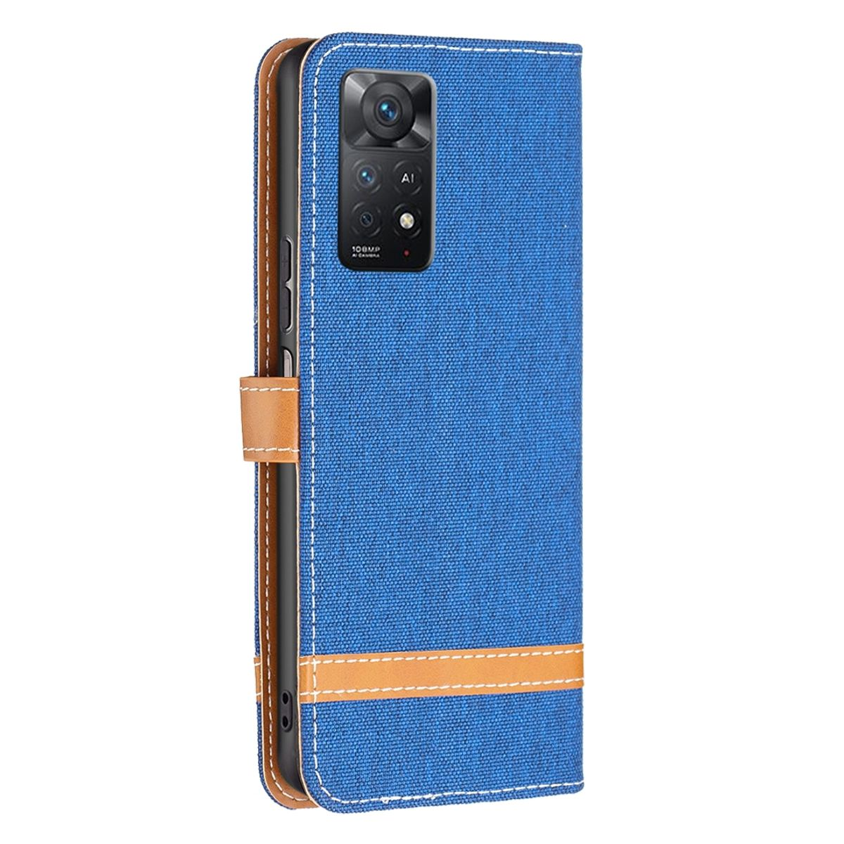 Blaue Handyhülle mit einem Telefon im Inneren. Die Handyhülle ist blau und braun.