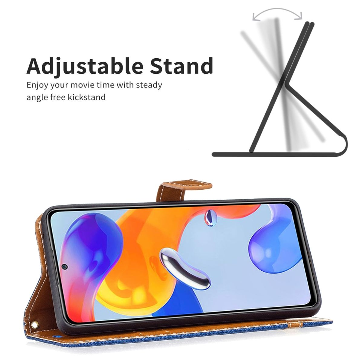 Braune Handyhülle, Telefon ist offen, in einem Ständer. Das Telefon zeigt ein orangefarbenes, blaues und silbernes Bild.
