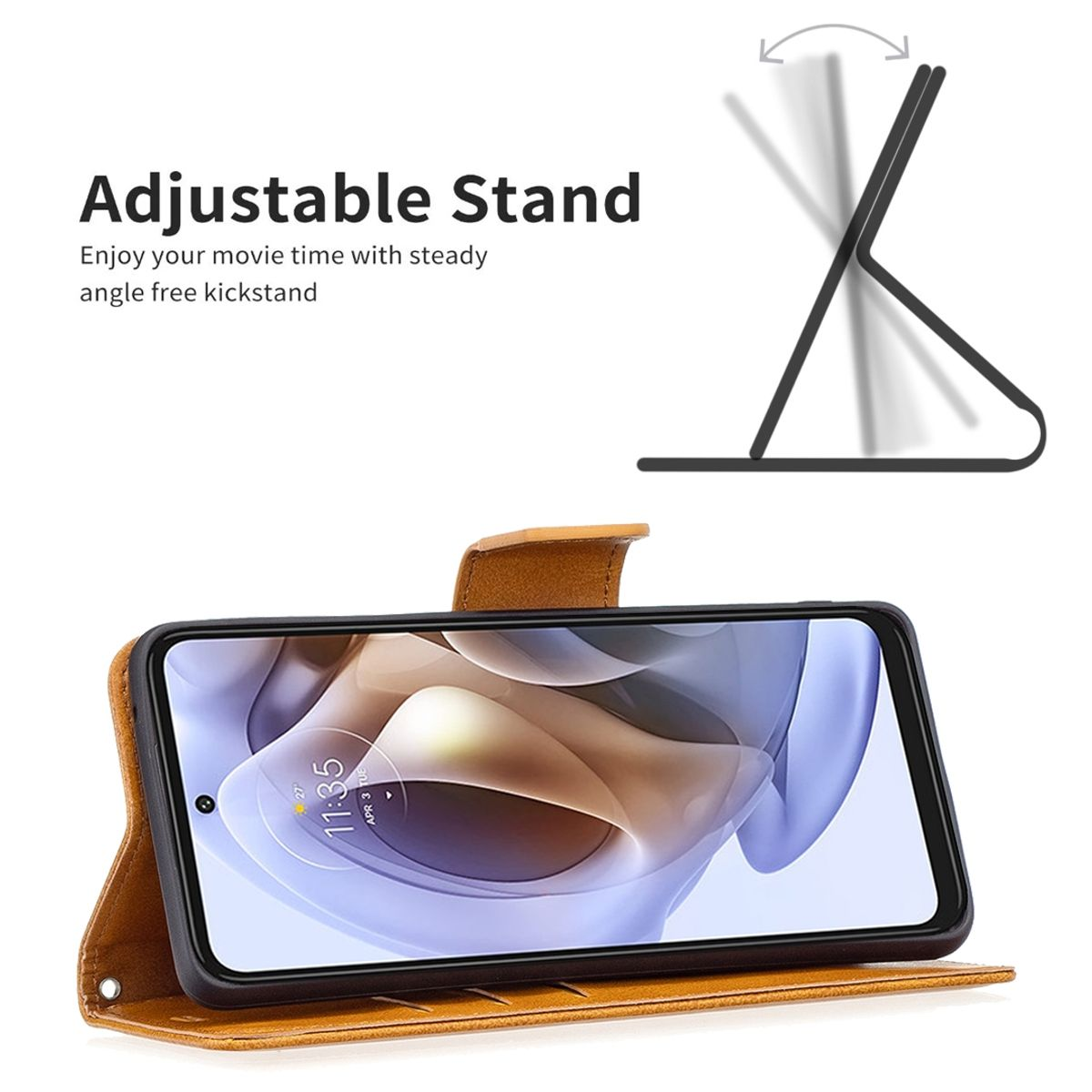 Eine Handyhülle mit brauner Lederoptik, ein Telefon darin und eine Standfunktion.