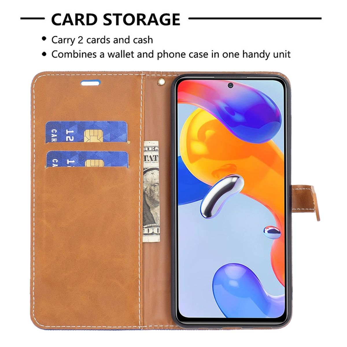 Braune Handyhülle mit Telefon. Mit Kartenfächern und Geldfach.