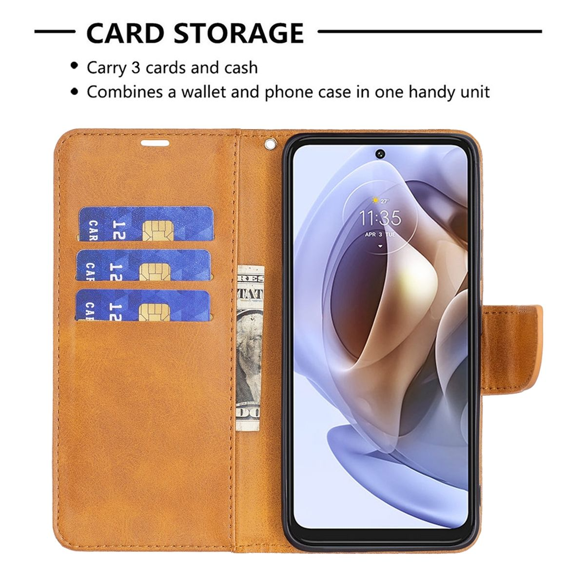 Eine Handyhülle geöffnet, mit Kreditkarten und Geld darin, und ein Telefon rechts.