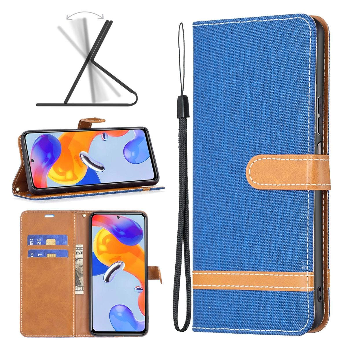 Eine blaue Handyhülle mit Telefon. Es hat eine Standfunktion und Kartenfächer. Eine Handschlaufe ist sichtbar.