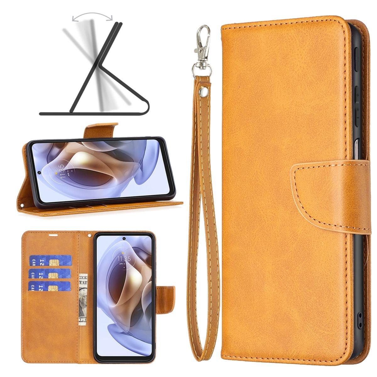 Braune Leder-Handyhülle mit Telefon. Sie wird offen und geschlossen gezeigt. Es gibt Fächer für Karten und Bargeld.