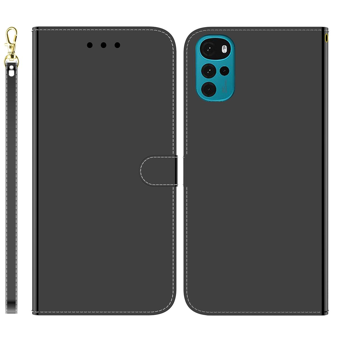 Schwarze Handyhülle mit Riemen. Die Handyhülle ist offen, das Telefon ist sichtbar.