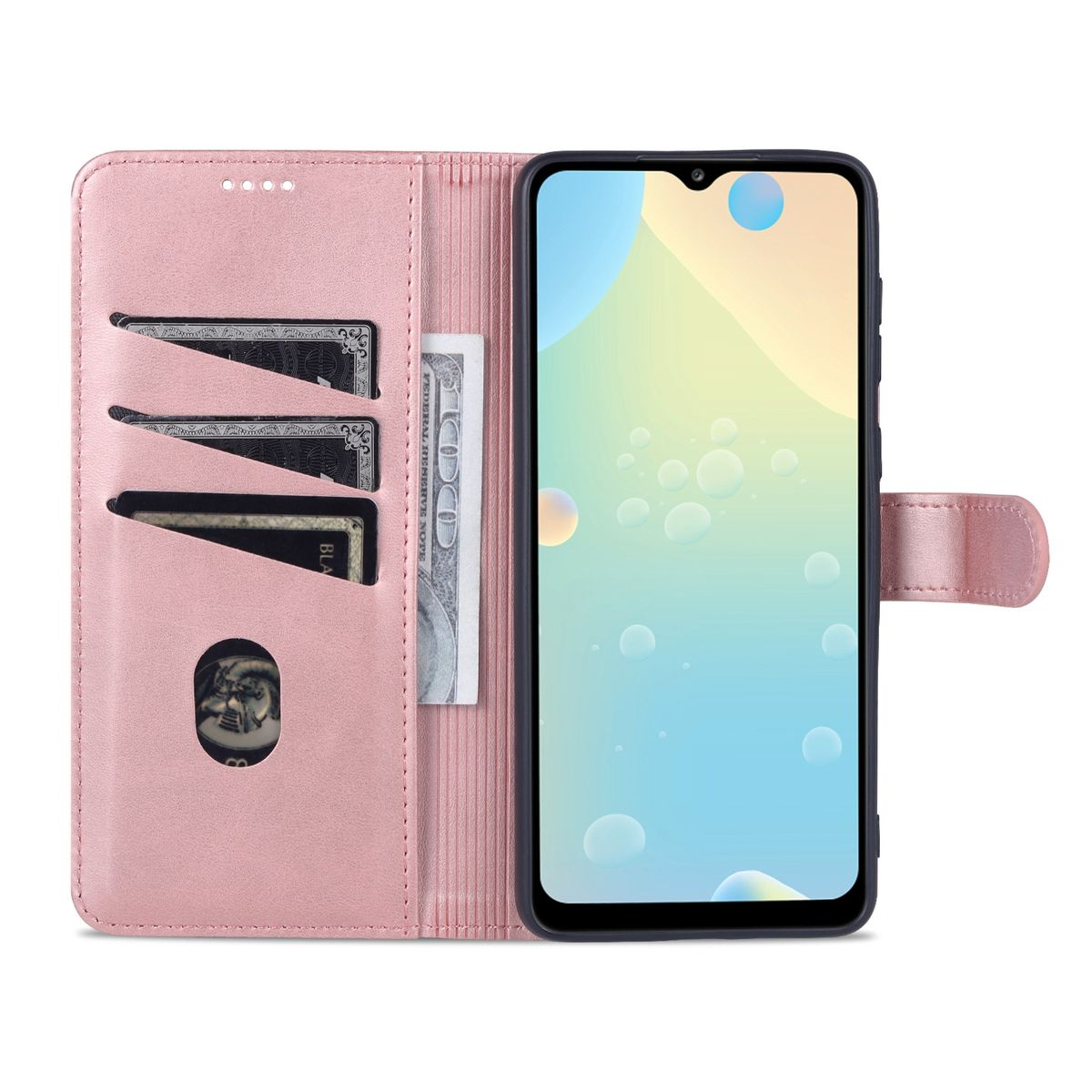 Pinke Handyhülle, offen mit Karten und Geld, Telefon drin. Ein Wallet-Design.
