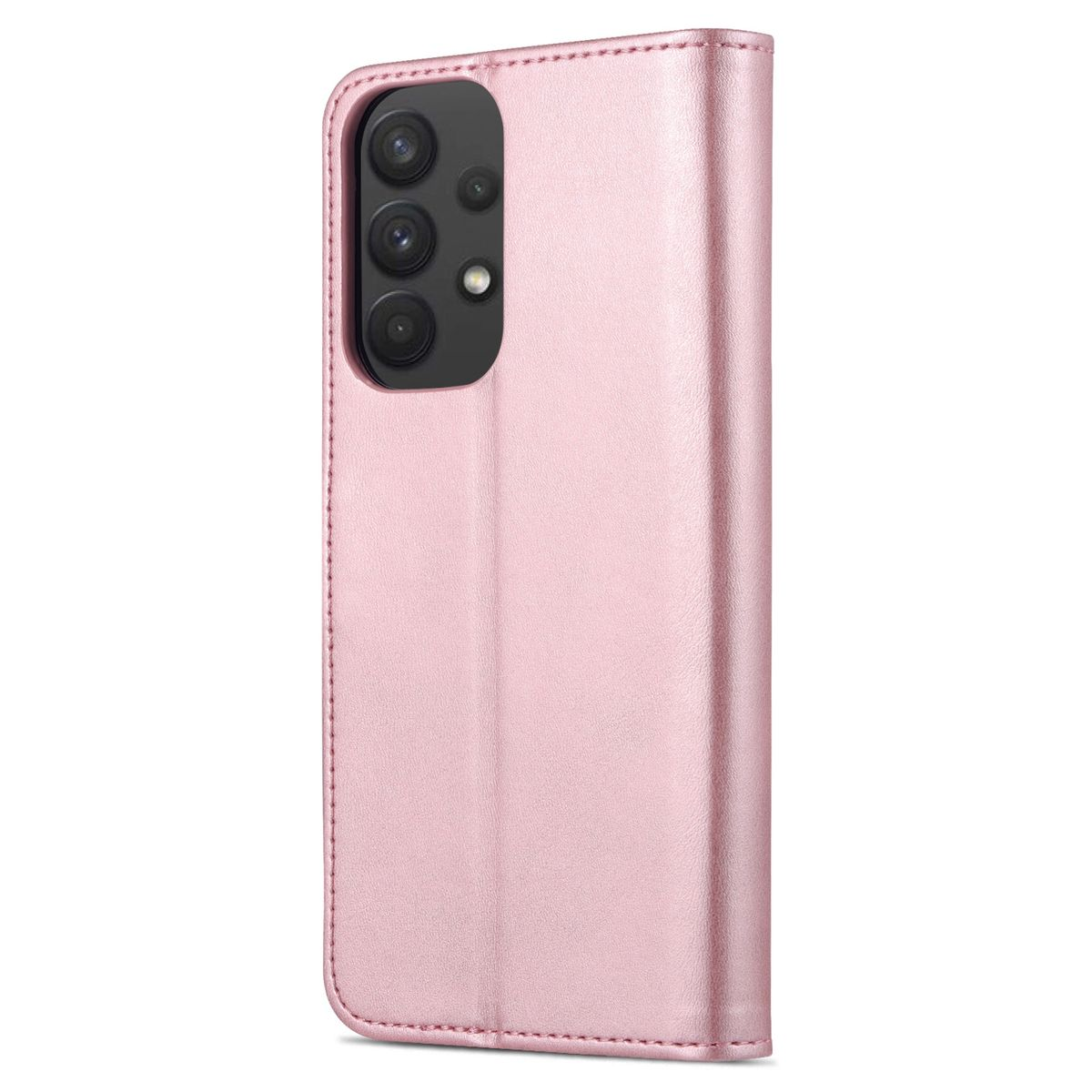 Eine pinkfarbene Handyhülle, die aufrecht steht. Die Hülle besteht aus rosa Leder.