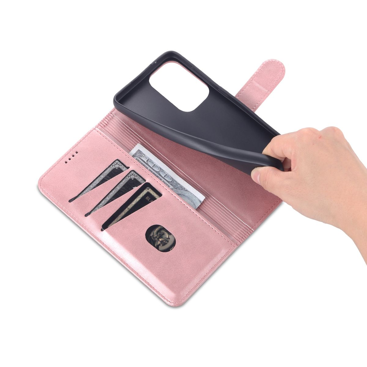 Eine rosa Handyhülle ist geöffnet und gibt ein Telefon frei. Es hat Kartenfächer und Platz für Bargeld.