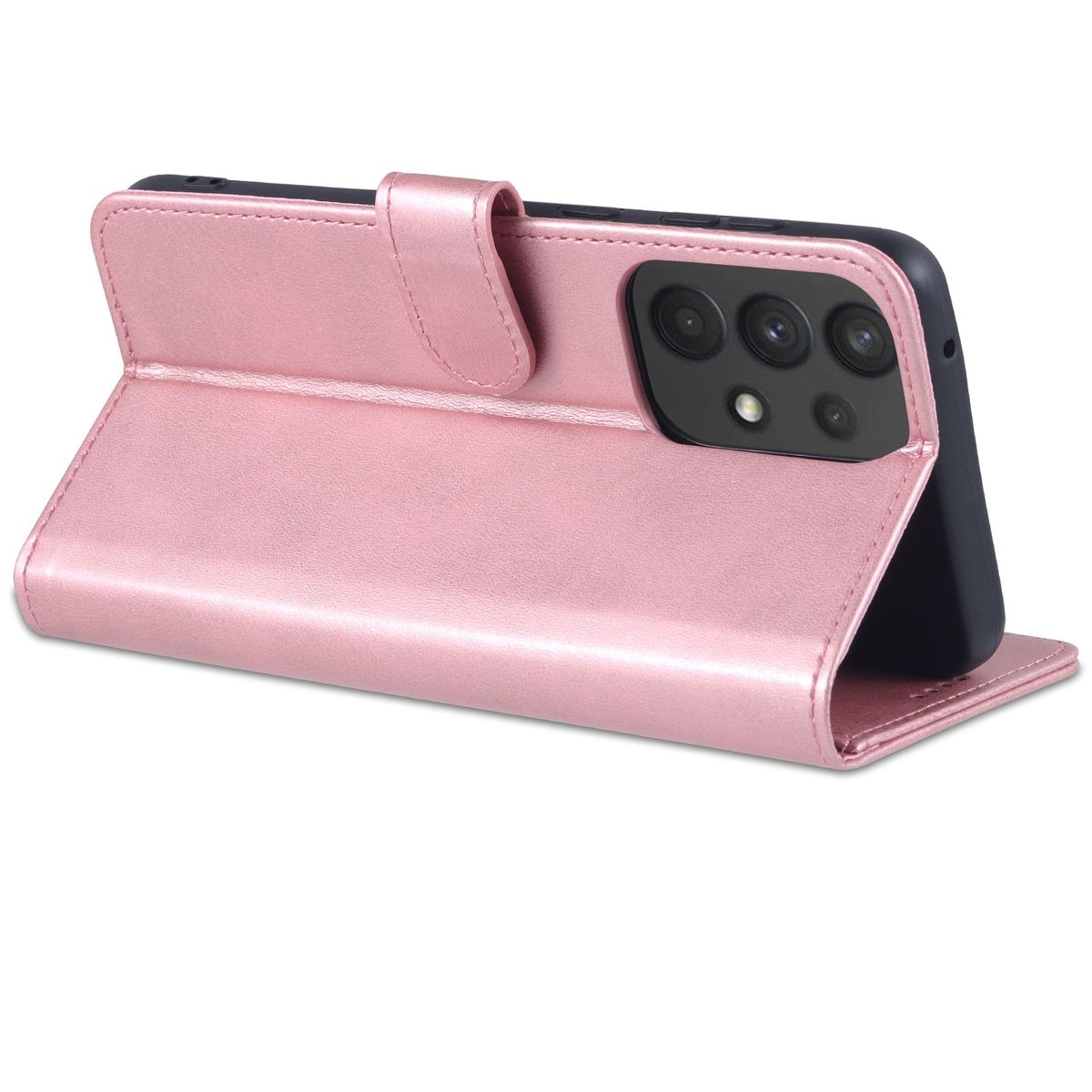 Rosa Handyhülle offen, ein Telefon zeigend. Es gibt eine schwarze Kamera und einen Magnetverschluss.