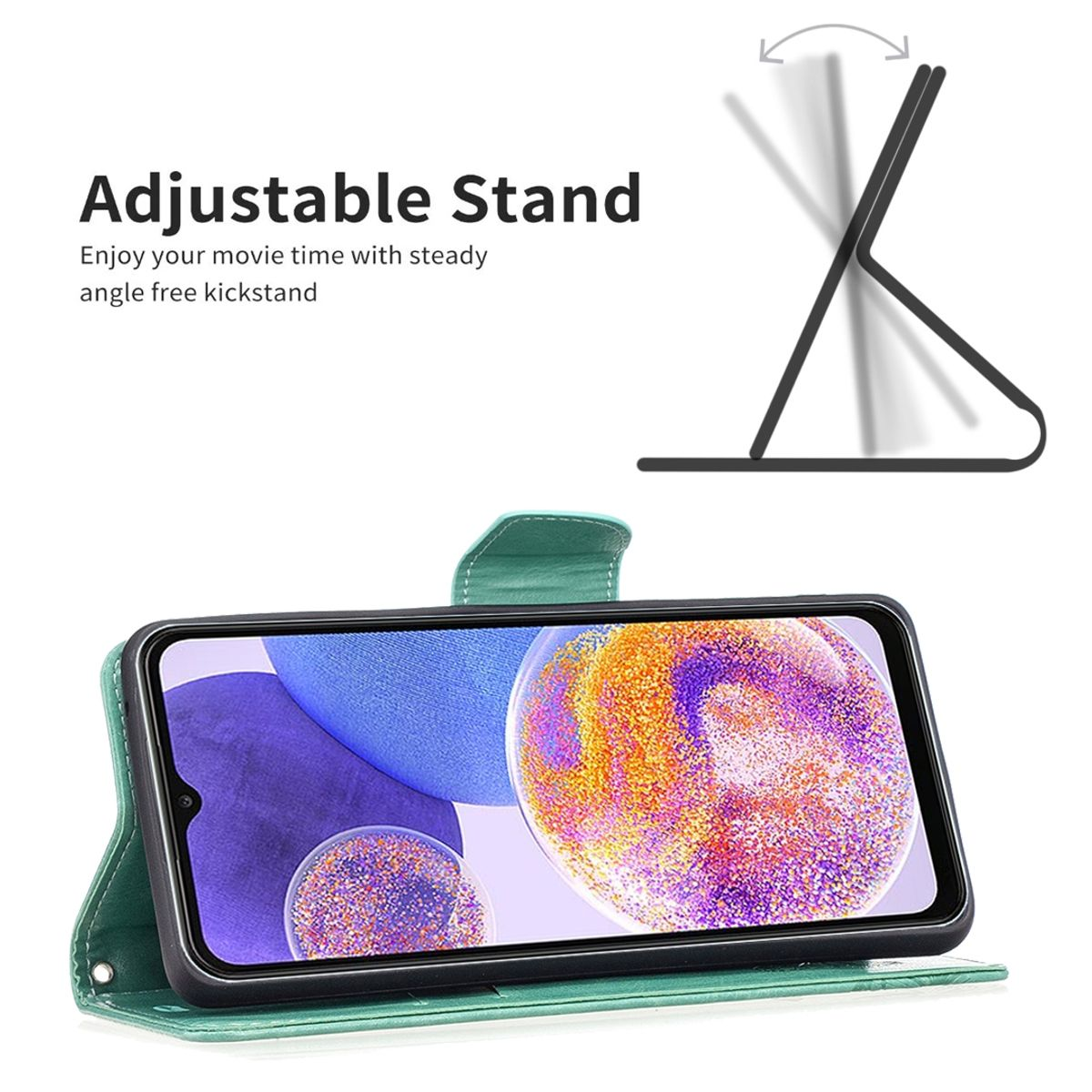 Eine Handyhülle mit verstellbarem Ständer. Das Telefon zeigt einen Film auf dem Bildschirm.