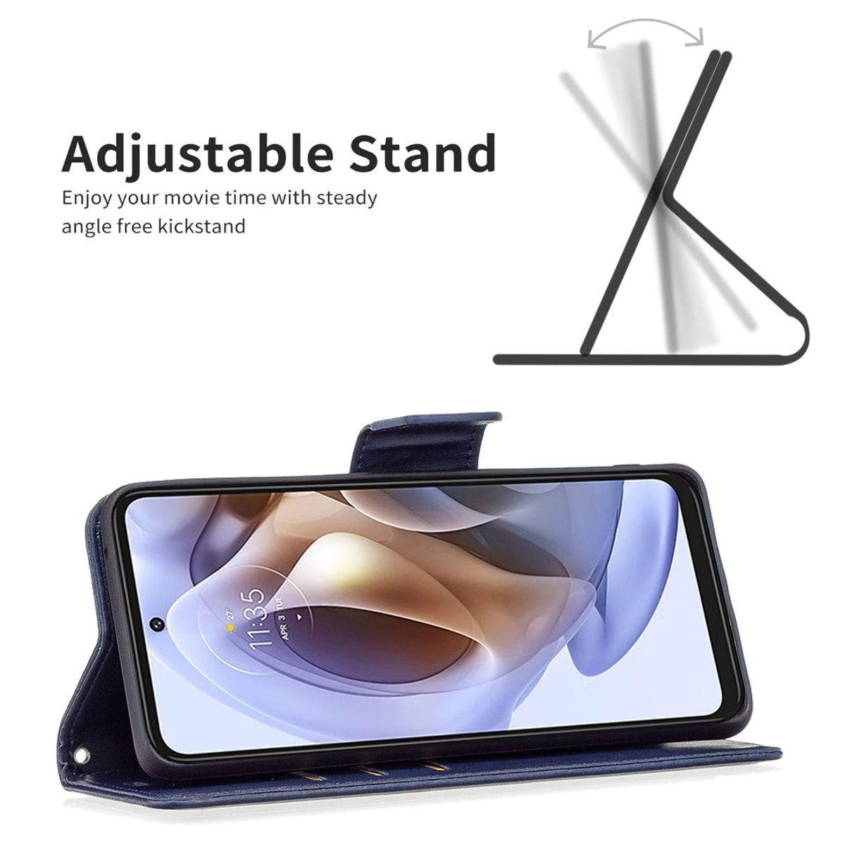 Blaue Handyhülle, offen, mit einem Telefon. Das Telefon steht auf einem Tisch und hat einen Ständer.