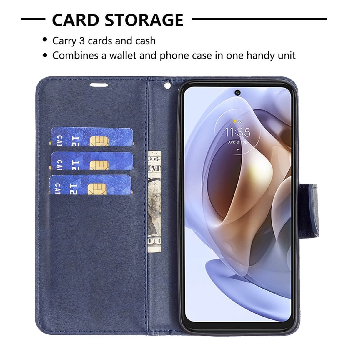 Telefon in blauem Wallet Case, Karten und Bargeld sichtbar. Text: Kartenspeicher.