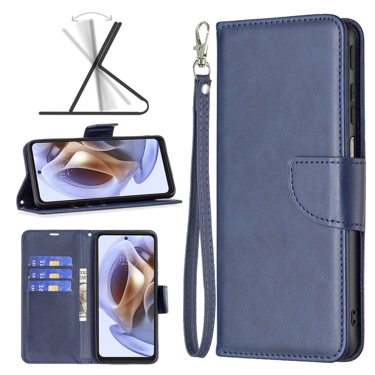 Blaue Leder-Handyhülle mit Karten, Geld und Ständerfunktion.