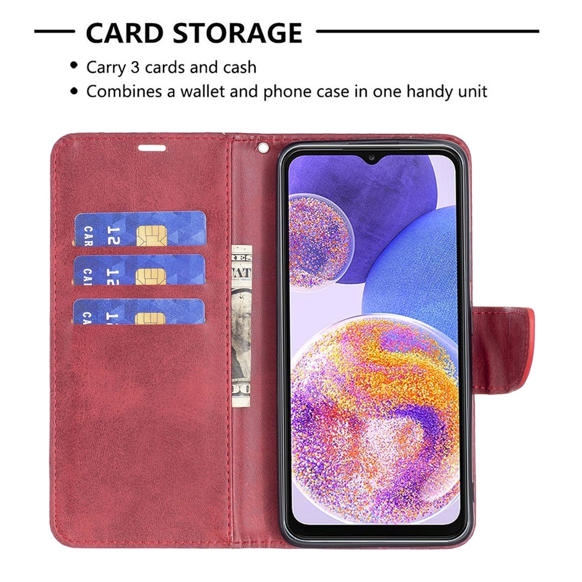 Rotes Handyhüllen-Portemonnaie mit Karten und Text. Telefon im Etui.