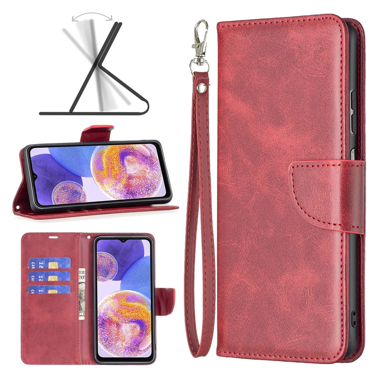 Eine rote Handyhülle mit Telefon, Karten und Bargeld. Sie kann aufgestellt werden. Ein Handschlaufe ist befestigt.
