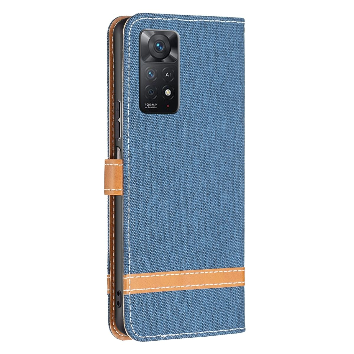 Eine blaue Handyhülle, geschlossen. Ein Telefon ist darin, mit der Kamera nach vorne gerichtet.
