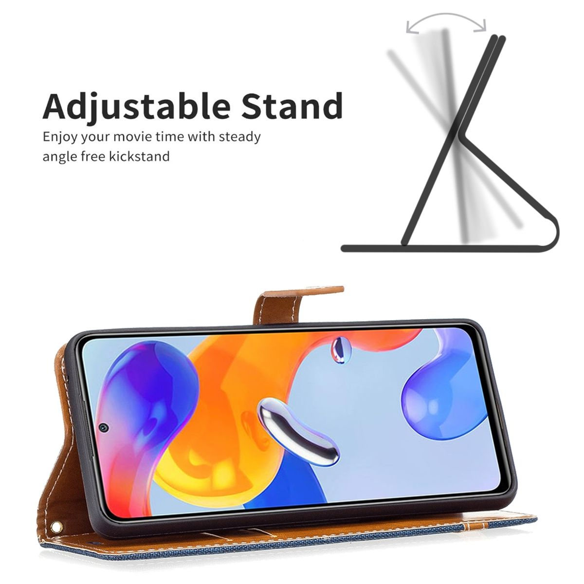 Ein Telefon in einer braunen und blauen Hülle ist offen und als Ständer aufgestellt. Der Bildschirm zeigt Orange.