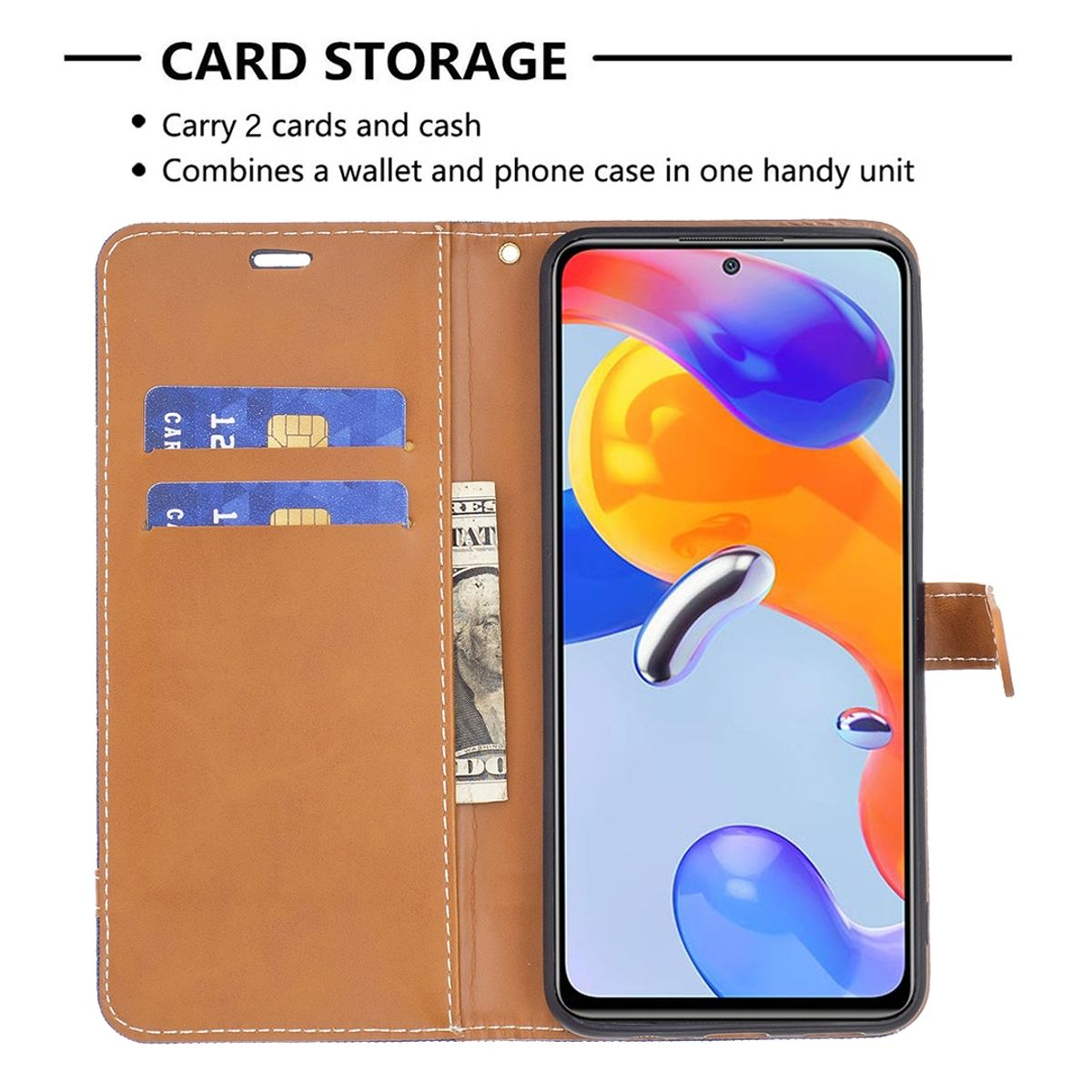 Offene braune Handyhülle mit Bargeld und Karten. Telefon mit blauem und orangem Hintergrund.