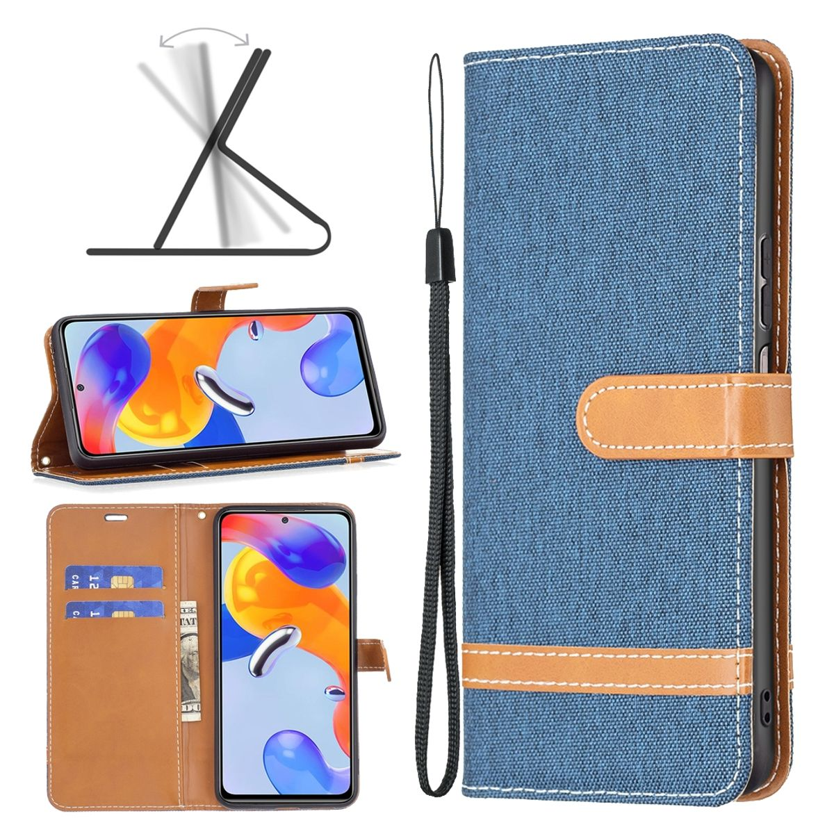 Blaue Handyhülle mit Telefon, Karten und Ständer. Die Hülle ist blau und braun.