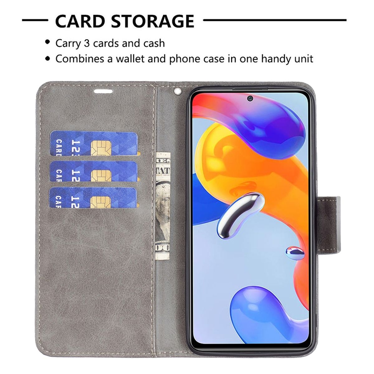 Graues Handyhülle-Portemonnaie geöffnet. Karten und Bargeld sichtbar. Telefon rechts. Schwarzer Bildschirm mit Orange und Blau.