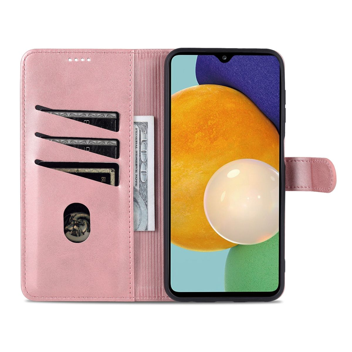 Offene rosa Handyhülle, zeigt Telefon mit orangefarbenem Hintergrund und Kartenfächer mit Dollarnote.
