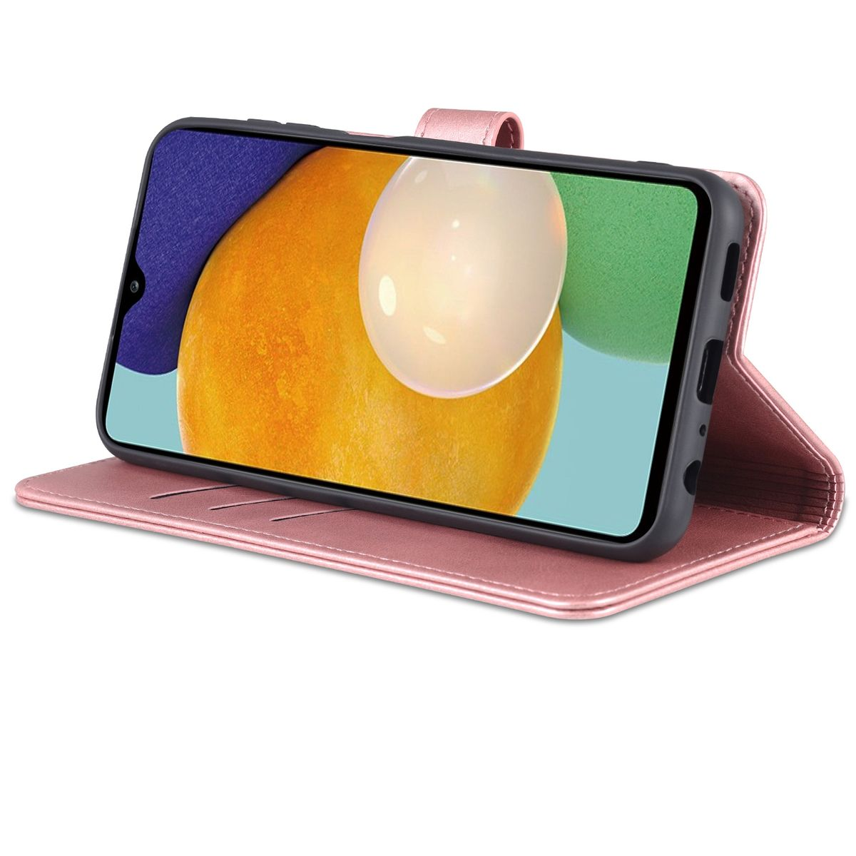 Rosa Handyhülle mit Telefon. Geöffnet, mit Bildschirm in Orange und Blau.