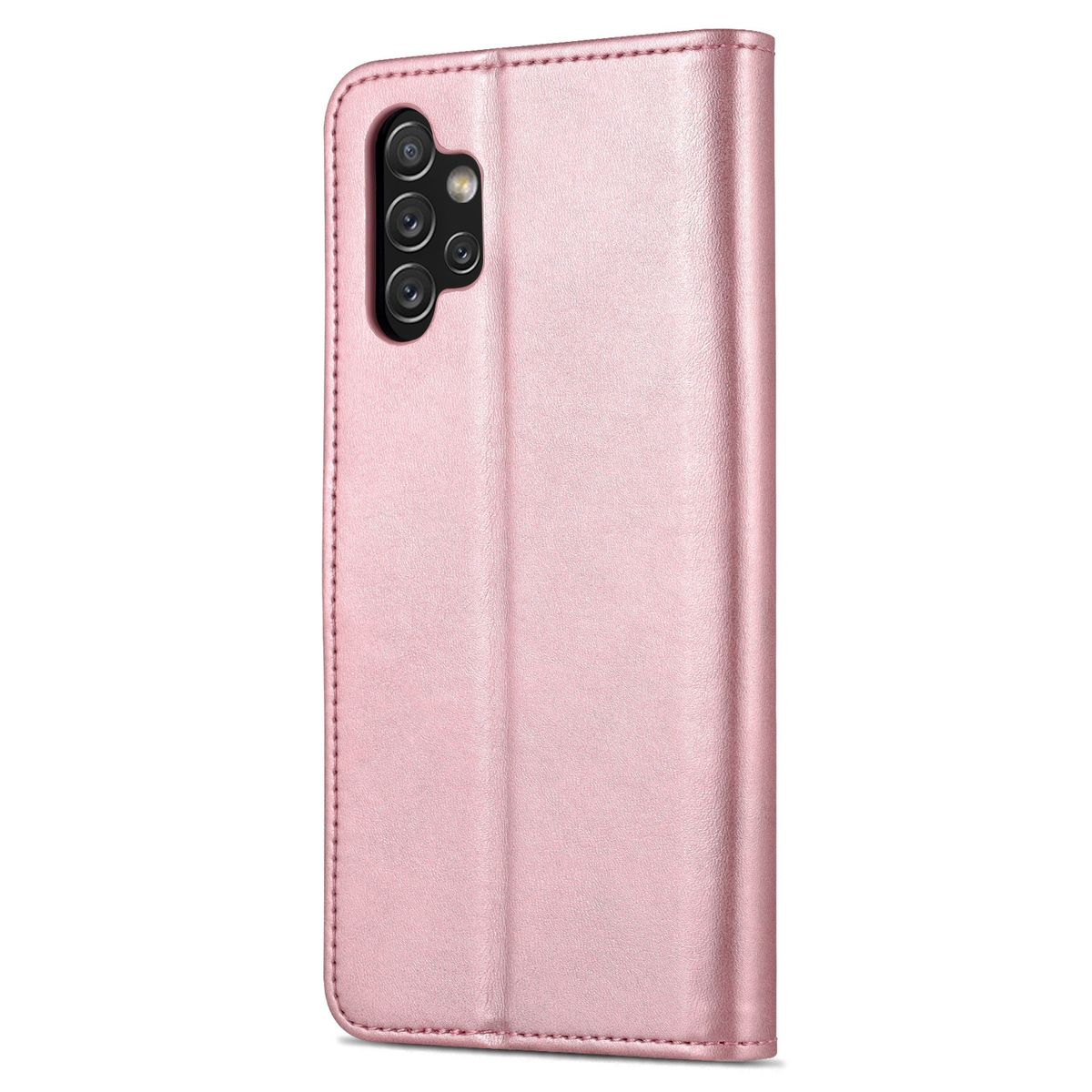 Rosafarbene Handyhülle geöffnet. Das Telefon hat Kameras. Die Hülle ist rosa. Der Hintergrund ist weiß.