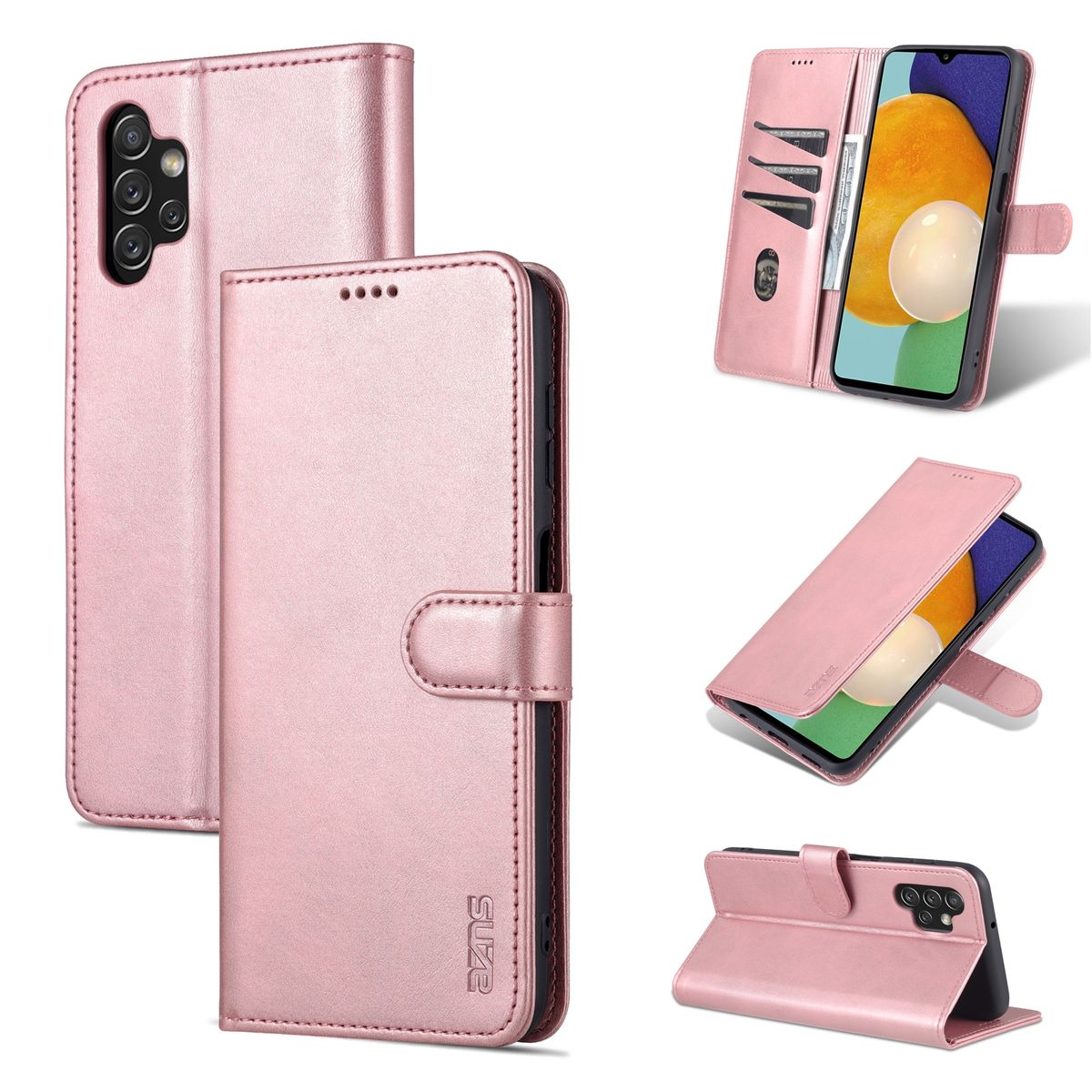 Rosa Handyhülle in mehreren Ansichten, die ein Telefon darin zeigen. Die Hülle hat Kartenfächer und eine Standfunktion.