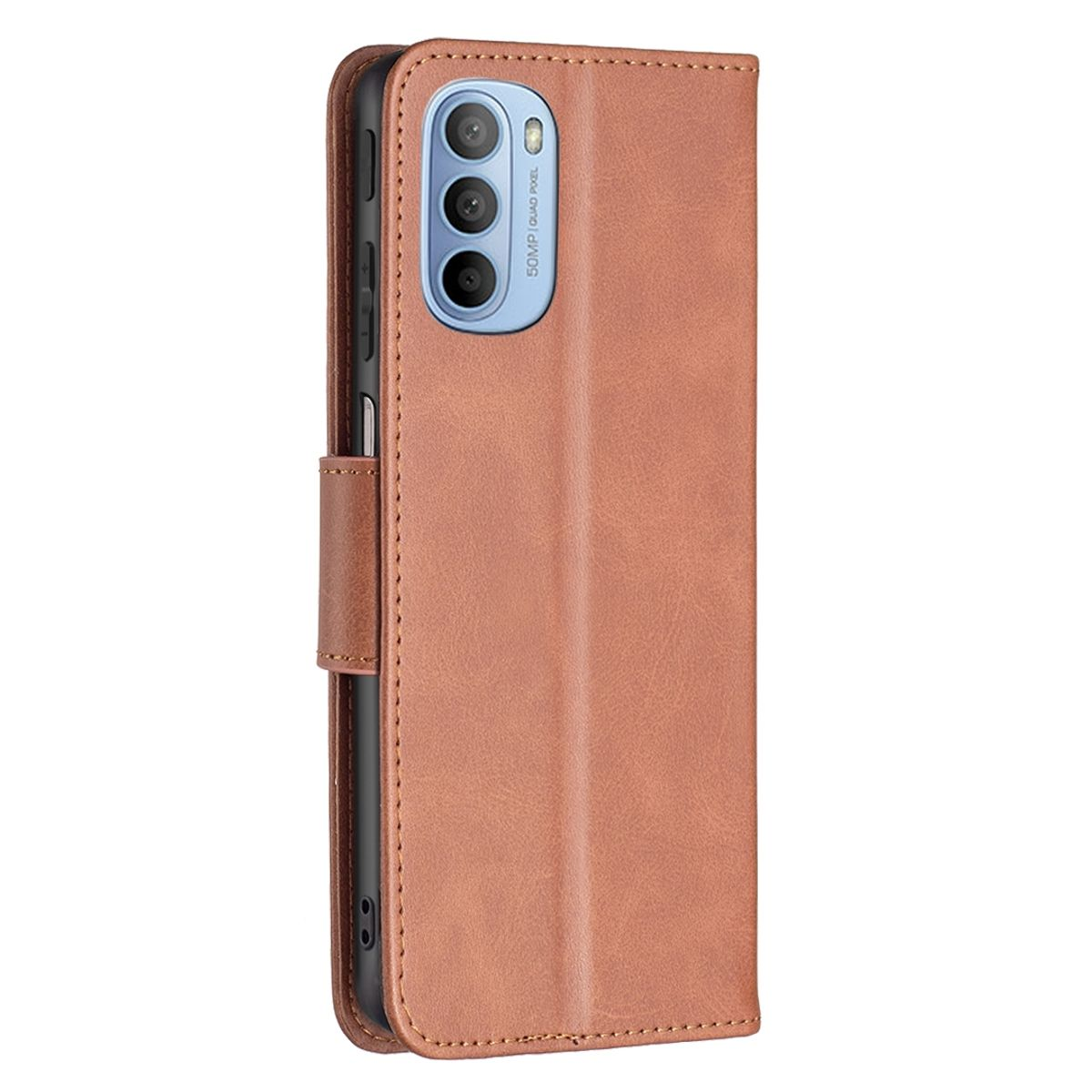 Braune Handyhülle, offen. Innen wird das Telefon gehalten. Die Hülle ist aus braunem Leder.