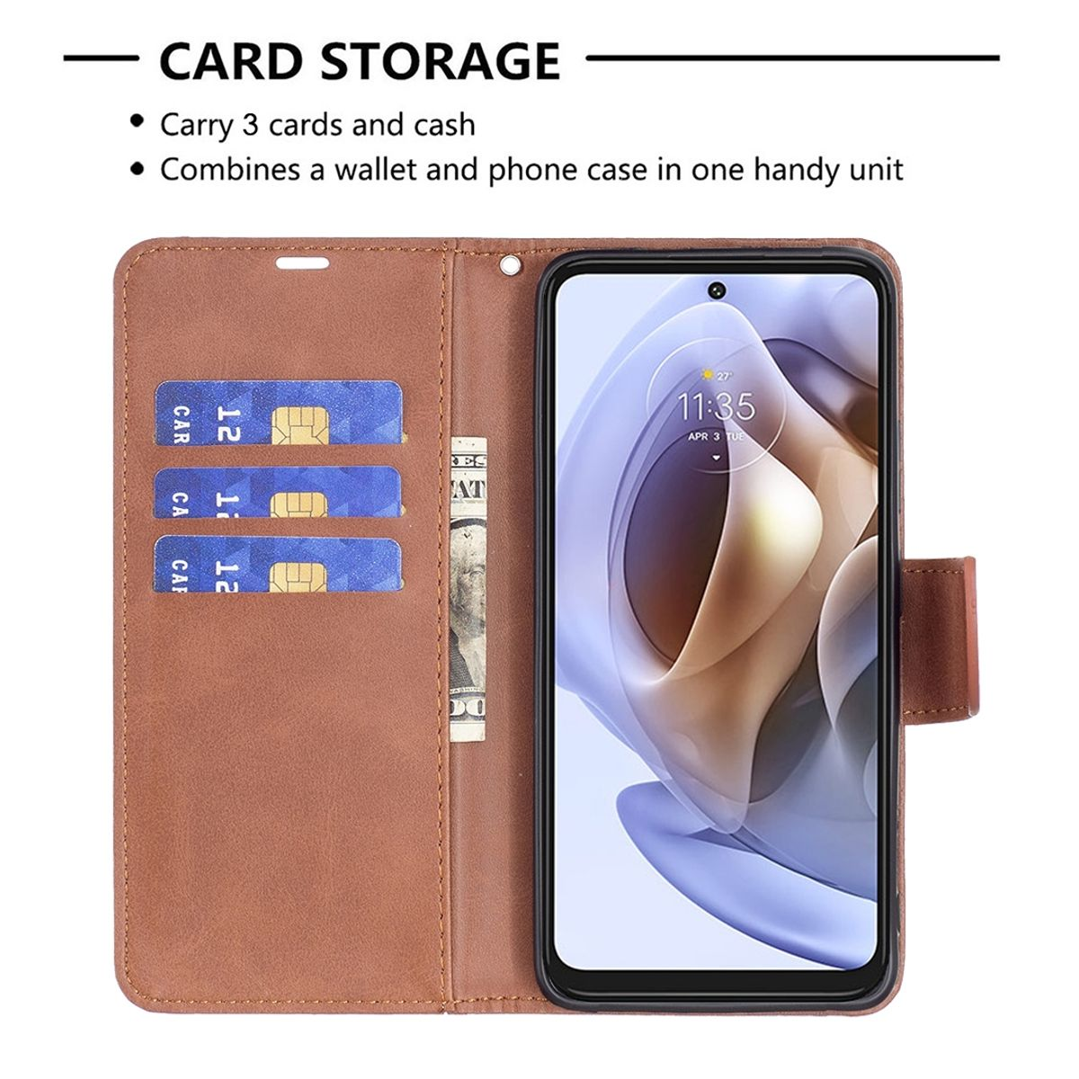 Geöffnete braune Handyhülle mit Karten, Bargeld und einem Telefon darin.
