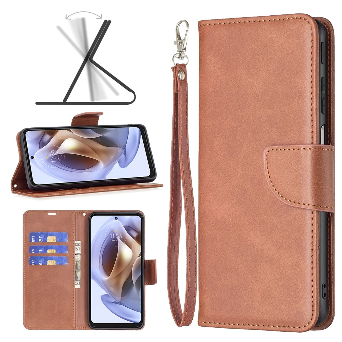 Braunes Handyhülle-Portemonnaie mit Telefon darin. Handyhülle ist offen und in Ständerposition. Karten im Portemonnaie.
