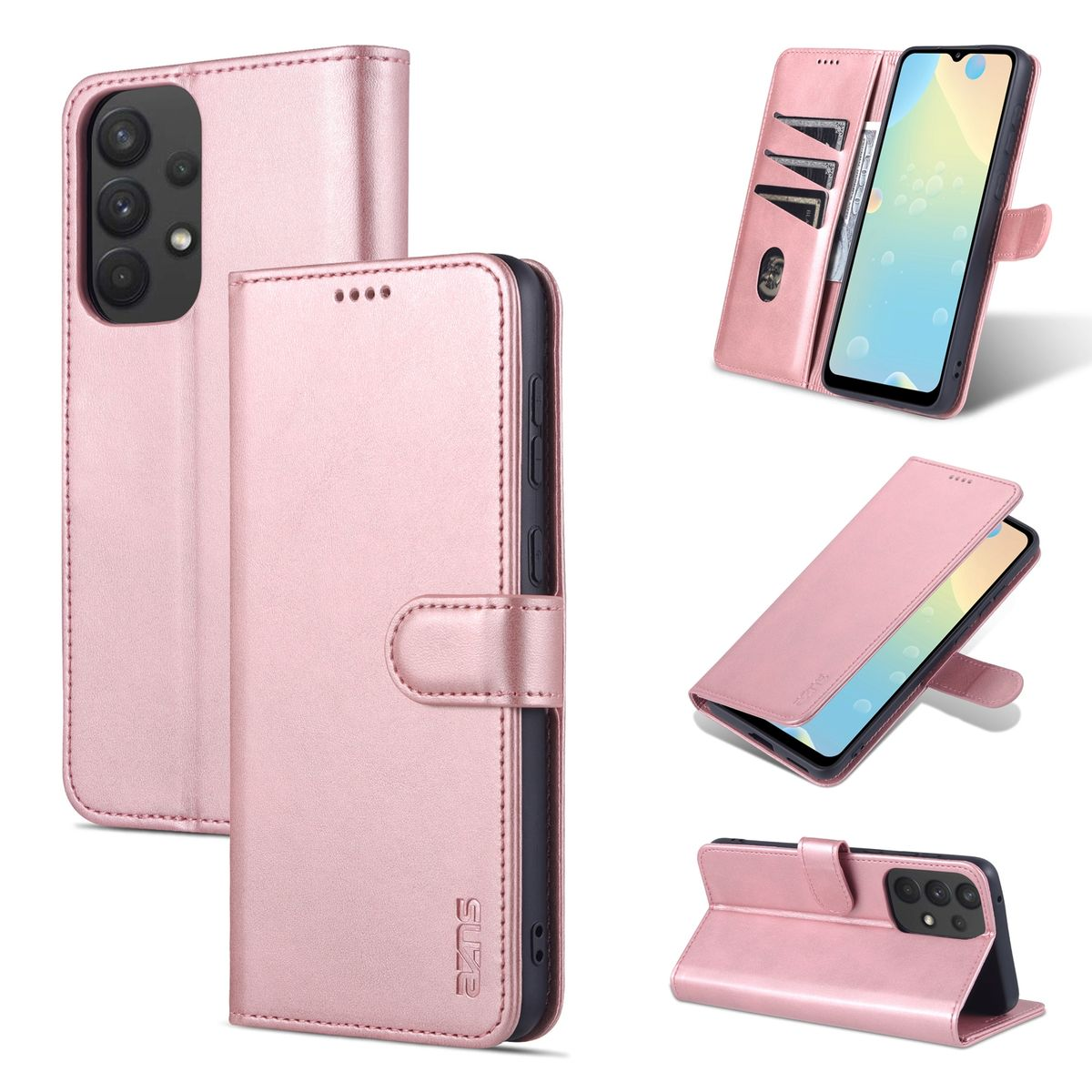 Eine rosa Handyhülle mit einem Telefon darin, mehrere Ansichten. Eine Brieftaschenhülle.
