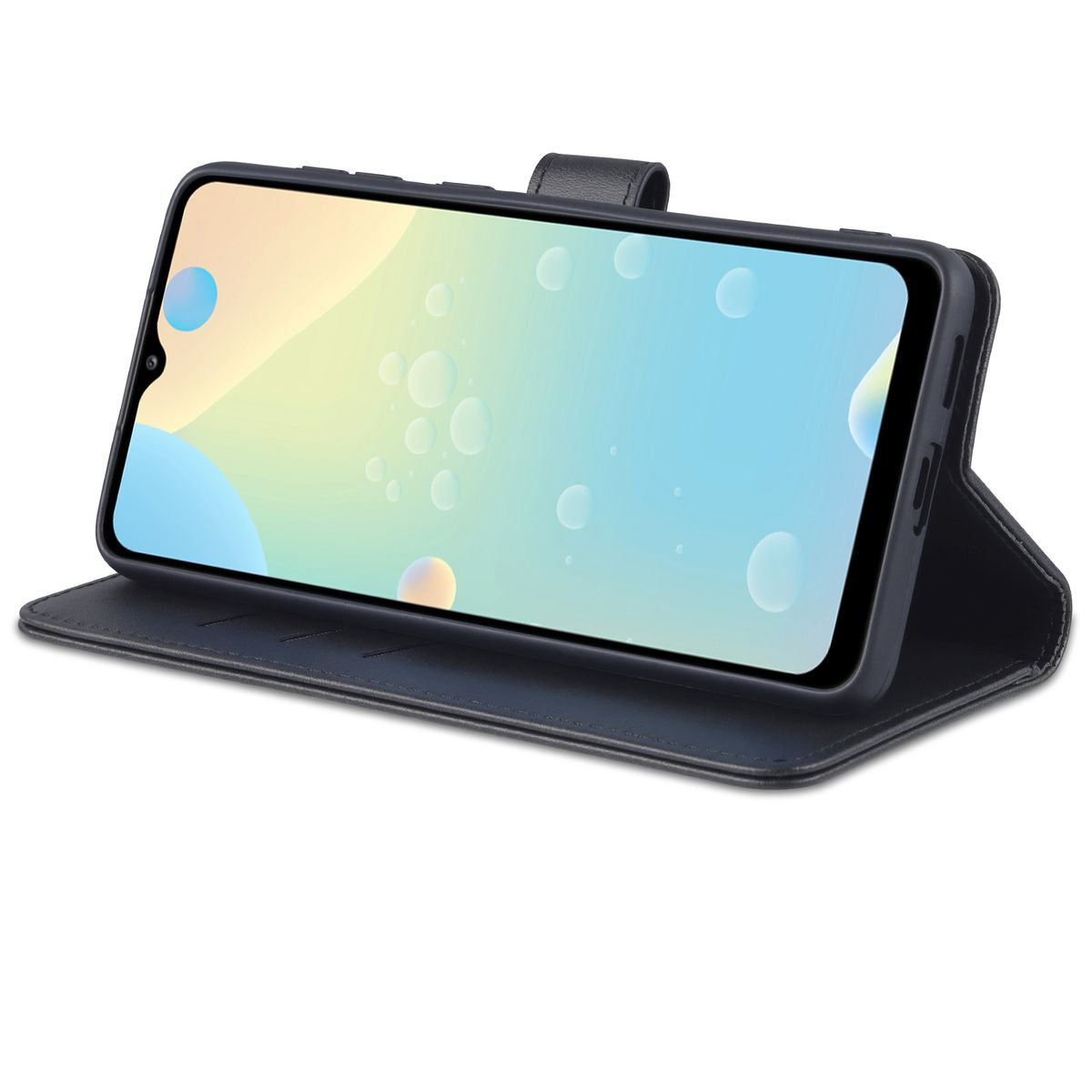 Handyhülle mit Telefon, blauem Cover. Bildschirm zeigt einen wasserartigen Hintergrund.