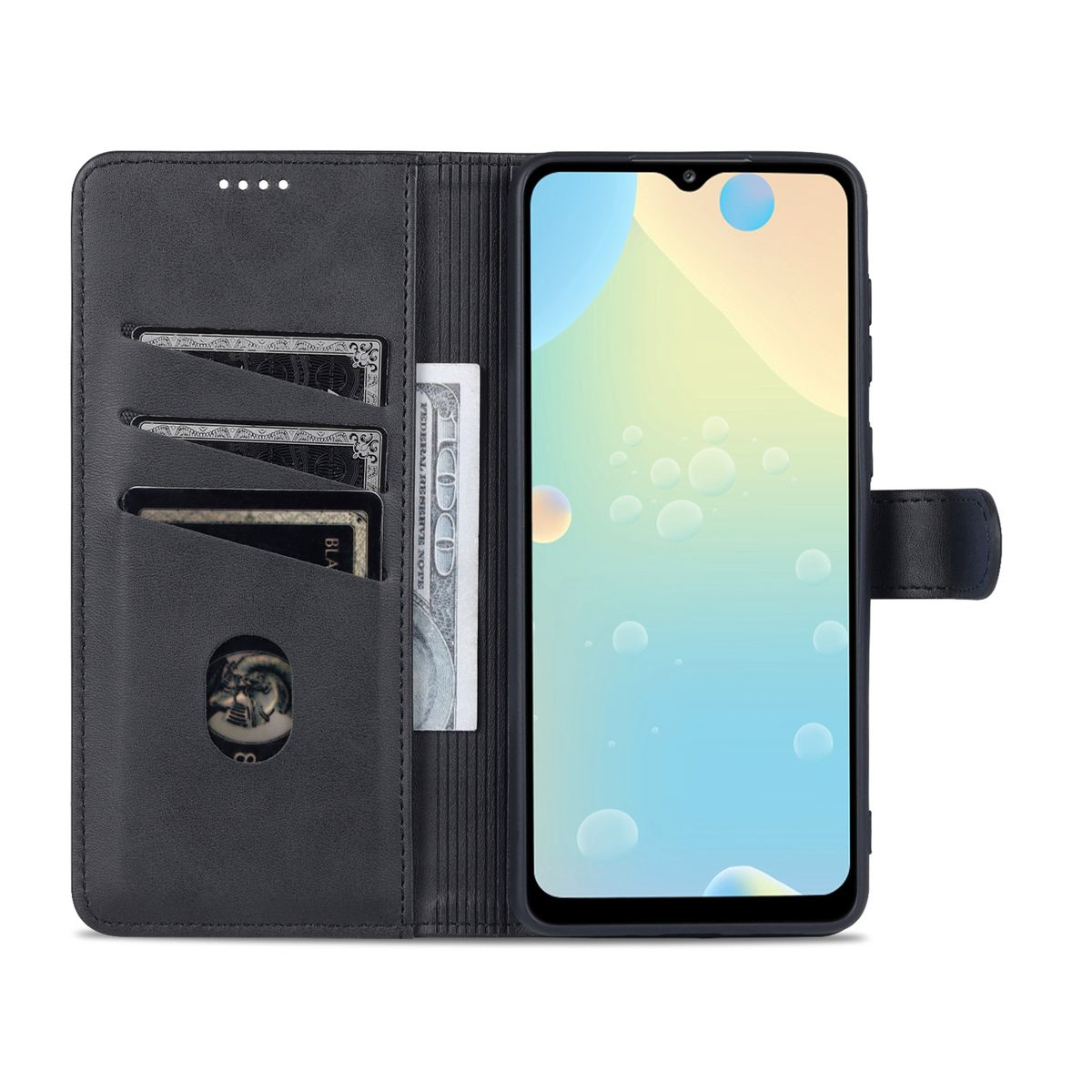 Schwarze Handyhülle offen, Telefon und Karten zeigend.