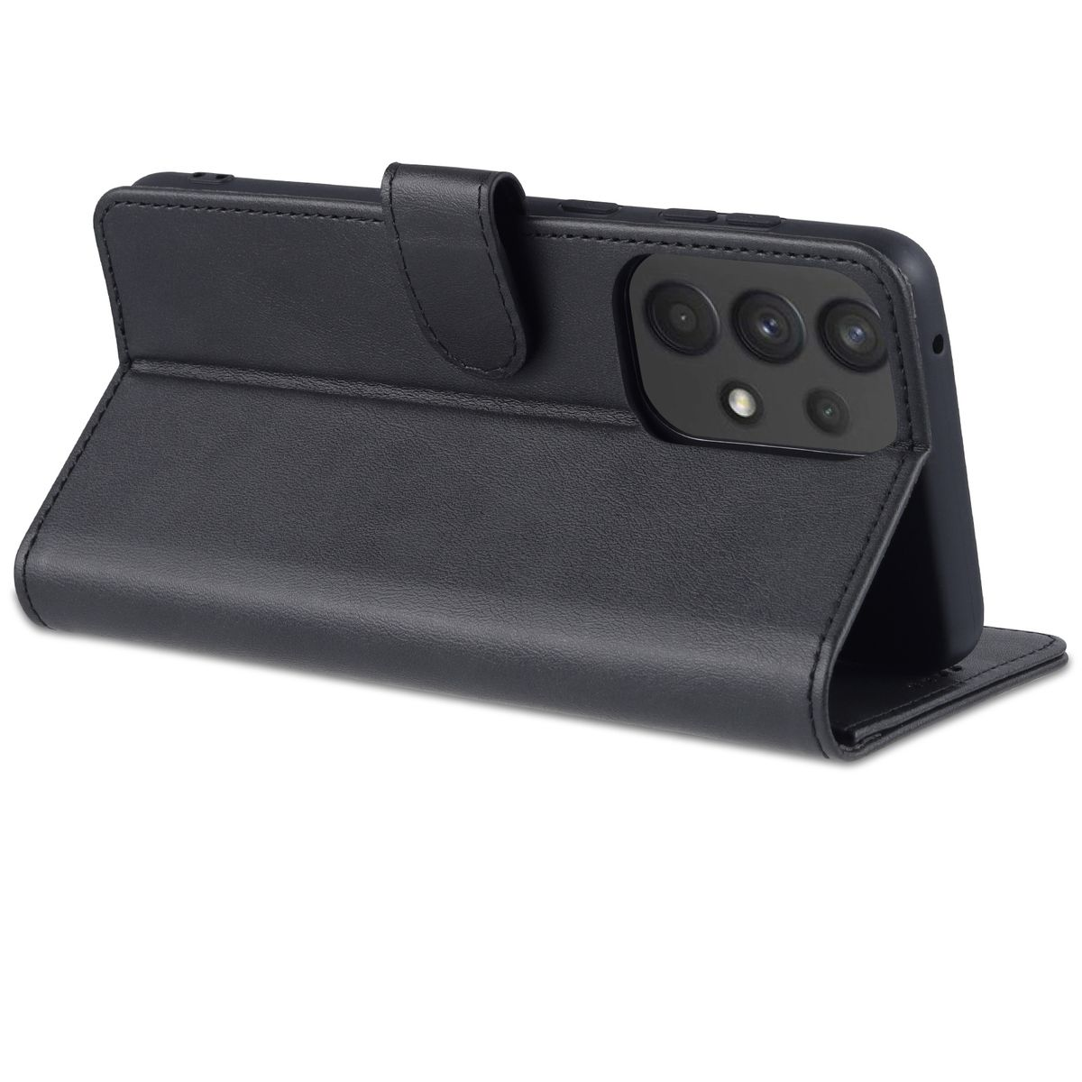 Eine schwarze Handyhülle mit dem Telefon darin. Die Hülle ist geschlossen und steht auf der Seite.